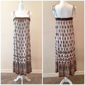 M boho midi/maxi dress tie shoulder paisley hippie summer flowy Coachella brown